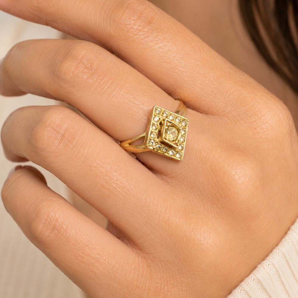 Vintage 18KT HGE Rhinestone Ring Size 7.5 Gold Tone Geometric Cocktail